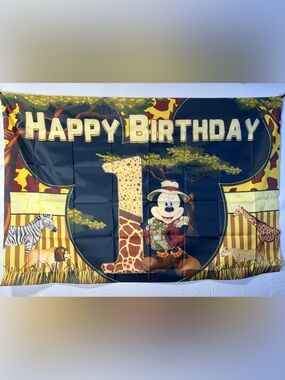 Mickey Mouse 1st Birthday Safari Theme Happy Birthday Backdrop Banner 5x3Ft.